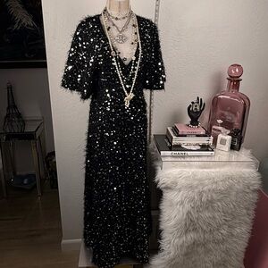 Zara Limited Edition Sequin & Pearl Textured V-Neck Midi Dress - Black